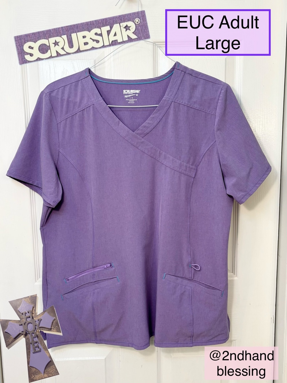 EUC Scrubstar Premium Performance V-Neck Scrub Top, Heather Lavender, Sz L